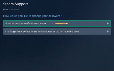 A Steam Support page. The email account verification code option is highlighted.