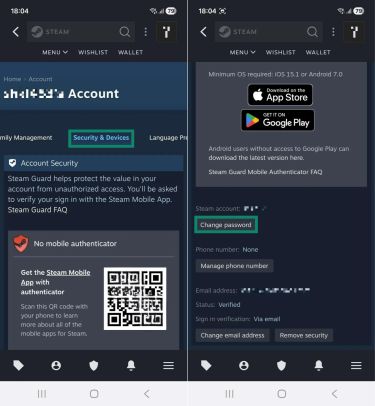 Two Android screenshots side by side. The first image shows the account settings page on the Steam mobile app, and the "Security & Devices" tab is highlighted. The second image shows the "Security & Devices" tab, and the "Change password" button is highlighted.