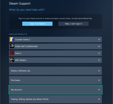 The main Steam support page. The "My Account" button is highlighted.