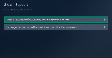 A Steam Support page. The button for emailing an account verification code to an email address is highlighted.