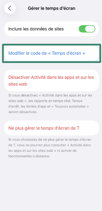Family list with child’s name selected in iPhone Settings.