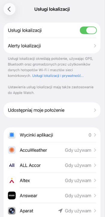 Location Services settings with app-level permissions on iPhone.