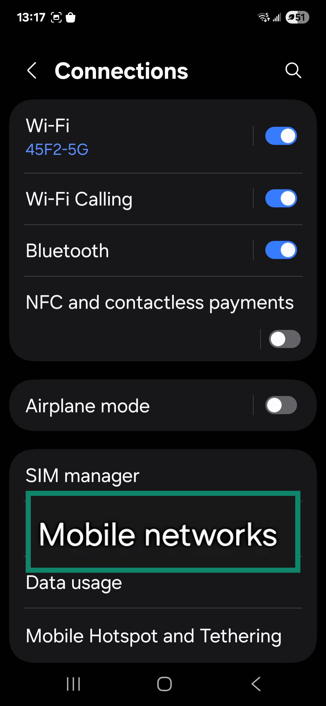 Android Connections tab highlighting Mobile networks.