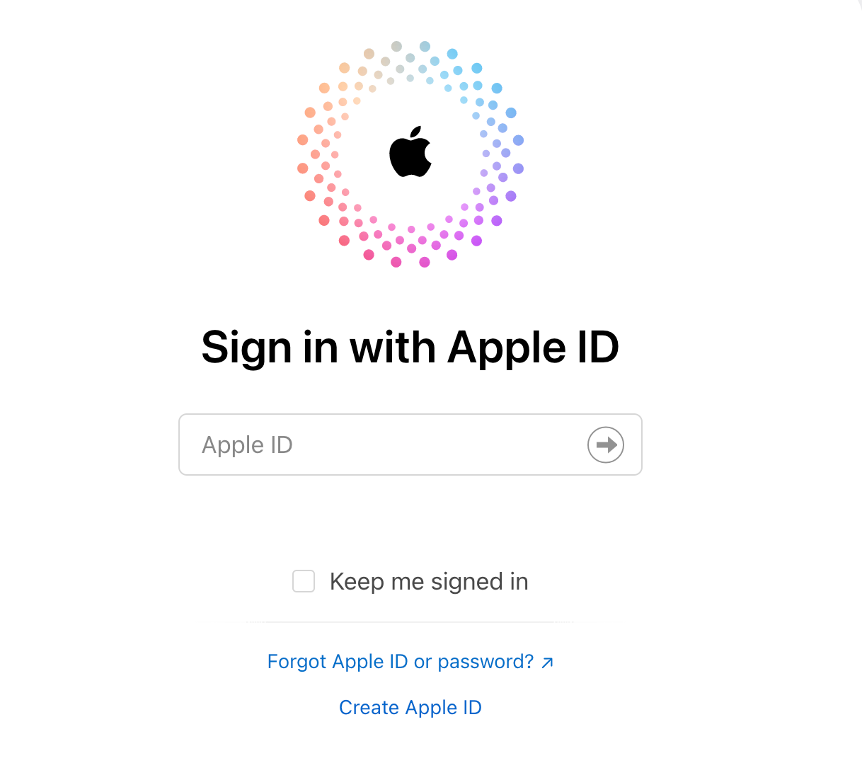 The Apple ID sign-in page, showing the input field for an Apple ID and login options.