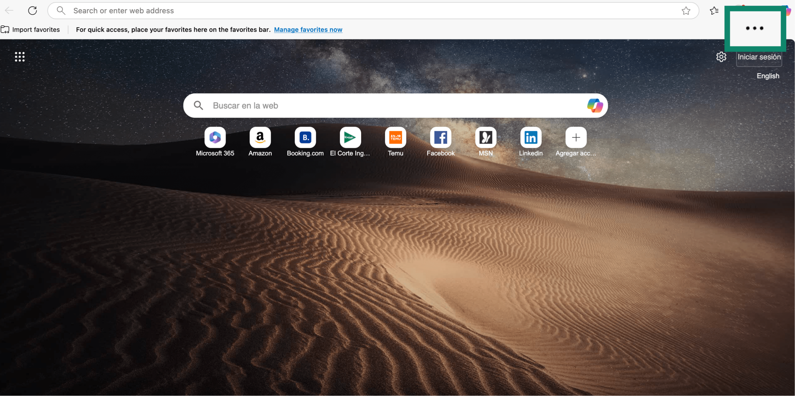 Microsoft Edge interface with three-dot menu highlighted for opening browser settings.