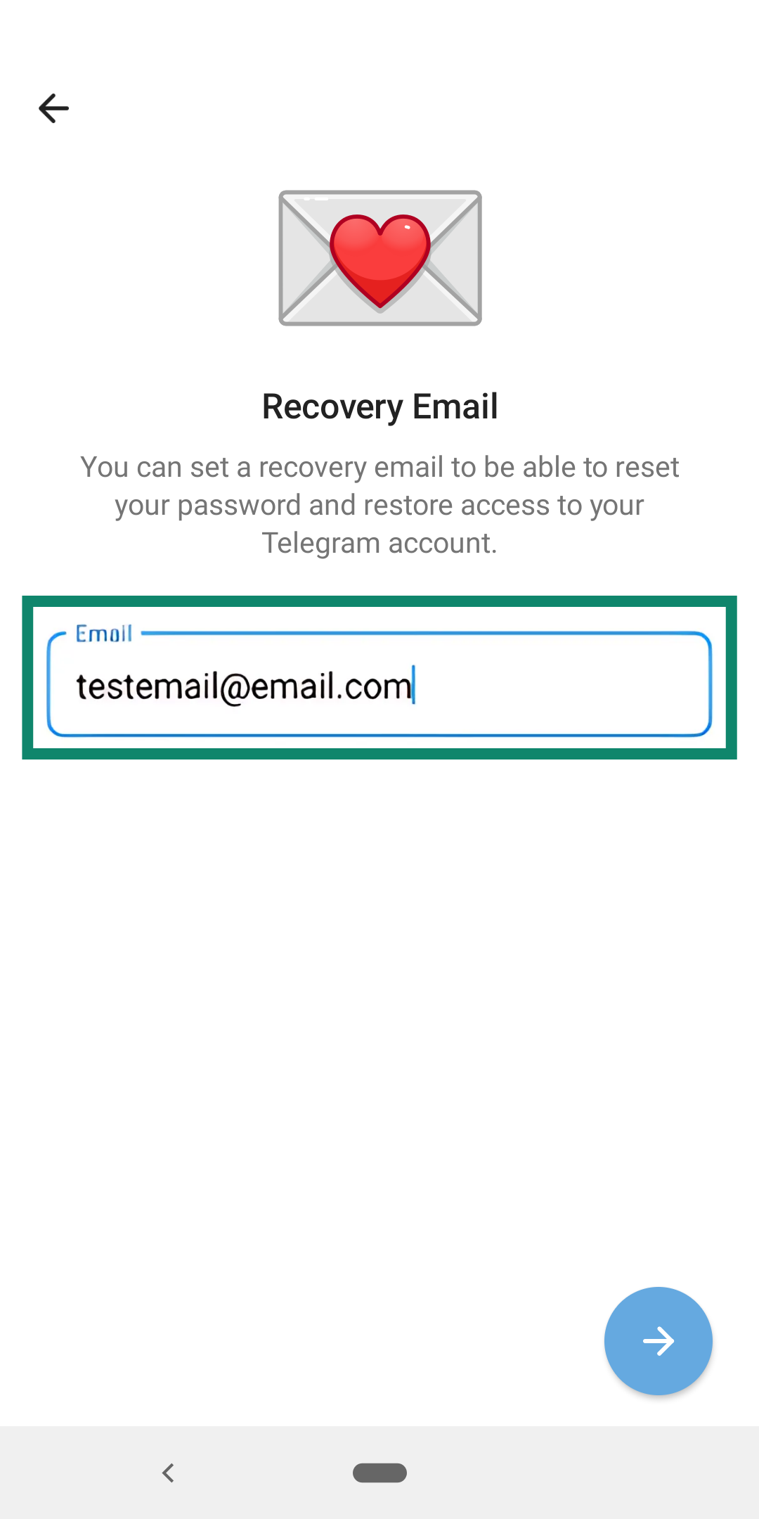 Phone screen showing Telegram recovery email entry.