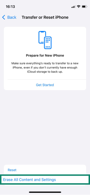 iPhone Transfer or Reset iPhone screen with the Erase All Content and Settings option highlighted.