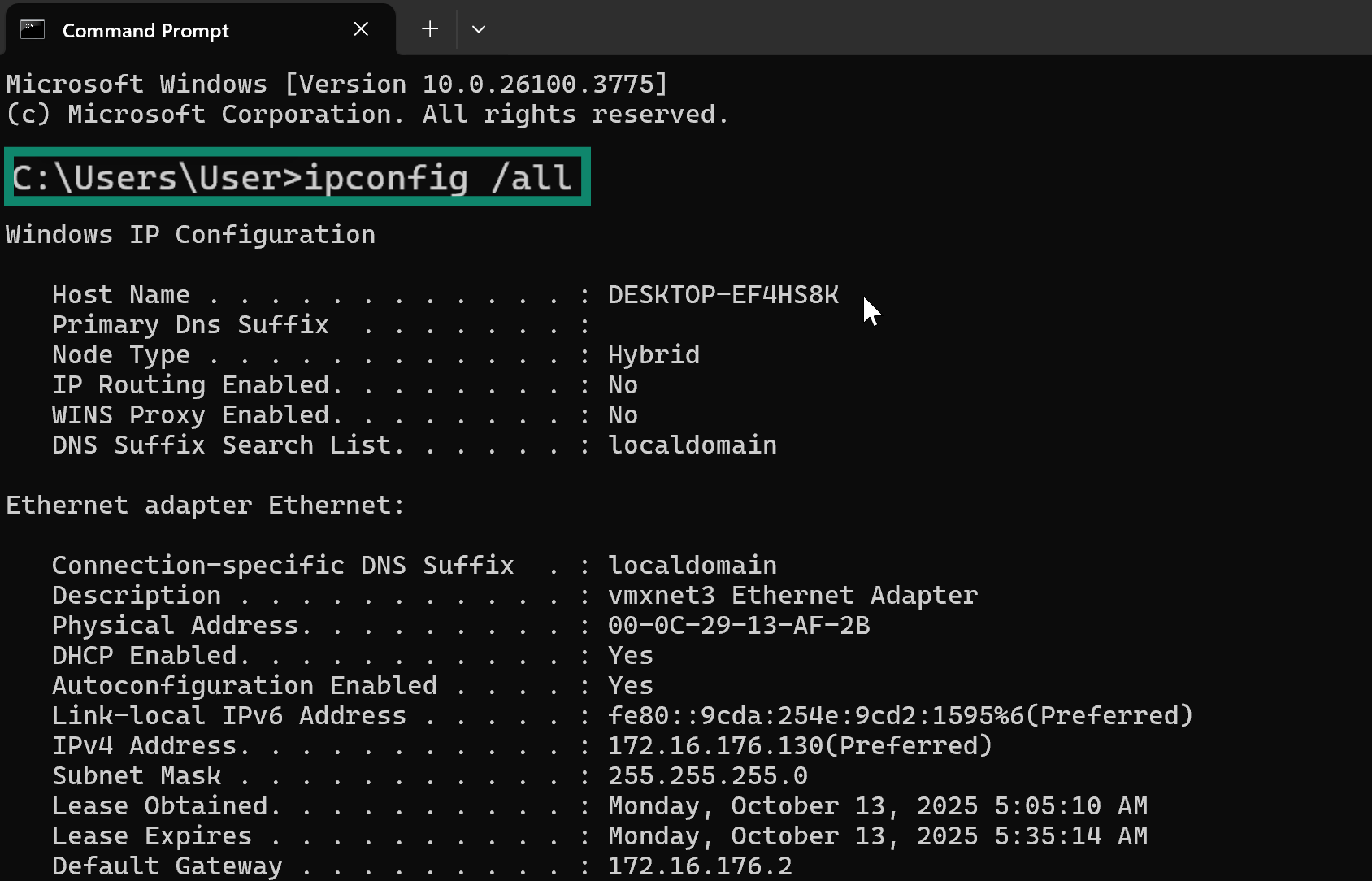 Windows Command Prompt showing “ipconfig /all” command highlighted.