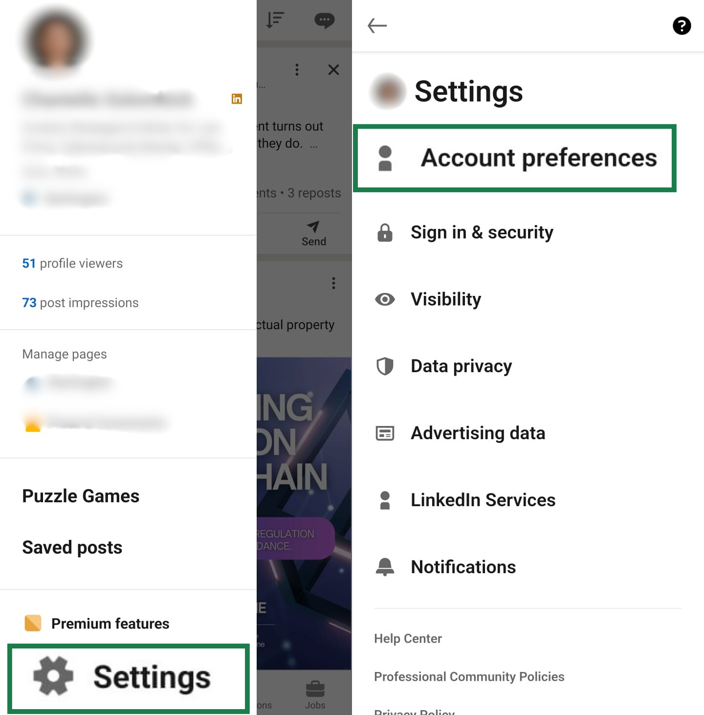 Two screens showing how to access LinkedIn account preferences on mobile: tapping "Settings" from the main menu, then tapping "Account preferences".