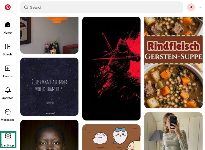 Pinterest home page with the Settings button highlighted.