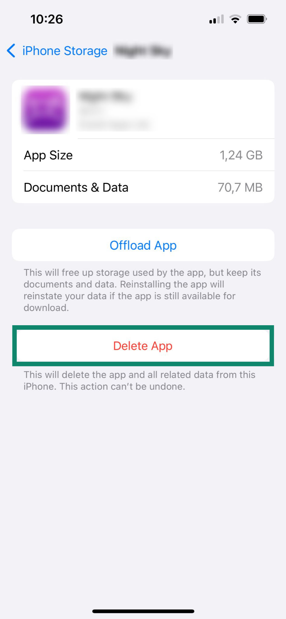 iPhone app settings showing how to delete an app