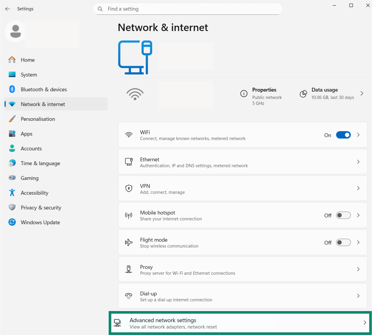 A screenshot of the Windows Network & internet settings menu, showing the Advanced network settings option.