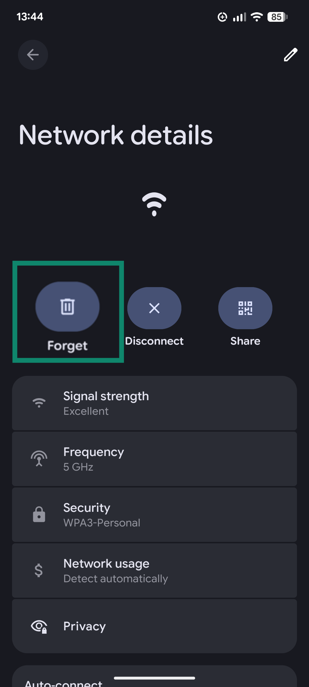 A screenshot of the Network details page for a Wi-Fi network in the Android Settings app, showing the option to forget the network.