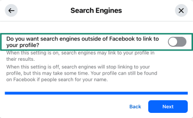 Search Engines window on Facebook, highlighting the "Do you want search engines outside of Facebook to link to your profile."