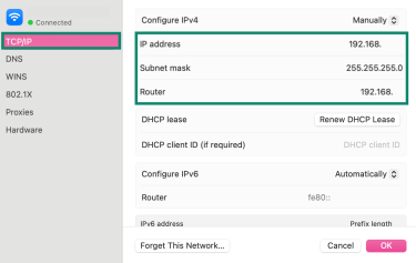 The IP address, subnet mask, and router fields in the TCP/IP tab highlighted.