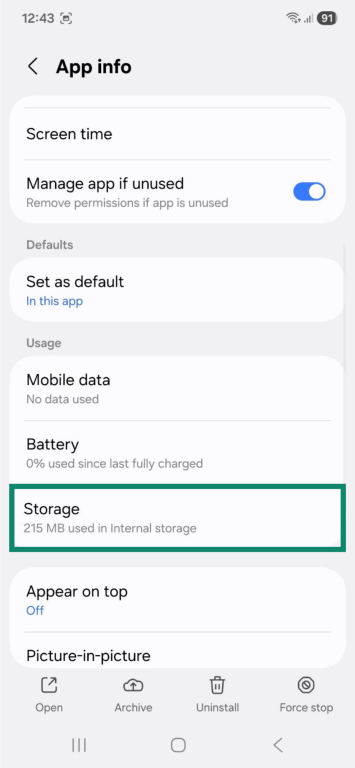 App info window on Android, showing the "Storage" option highlighted.