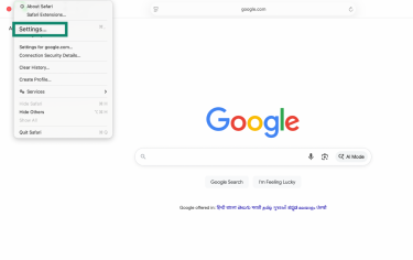 Safari Settings menu on Mac showing the Settings option selected under Safari dropdown.