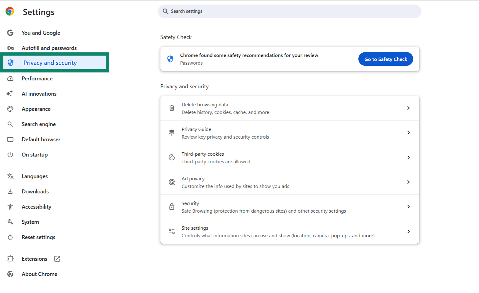 Open Settings and find Privacy and security.