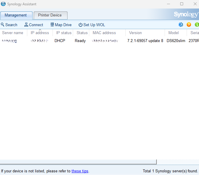 Image that displays a program called Synology Assistant which helps facilitate the device's installation