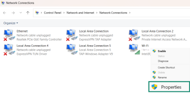Network Connections window with Local Area Connection 2 context menu and Properties selected.