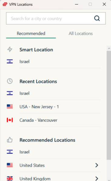 The ExpressVPN app showing recommended server locations.