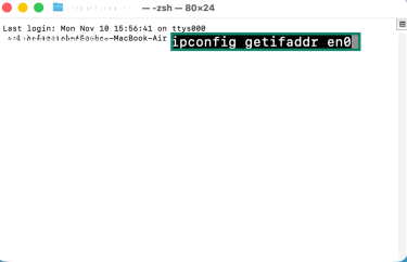 Mac Terminal screen with ipconfig getifaddr en0 command.