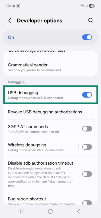 The "Developer options" page on an Android phone. The "USB debugging" option is highlighted and toggled on.