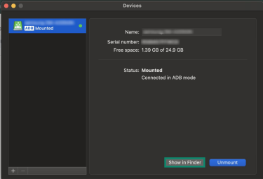 The ADB transfer method window on the MacDroid app on a Mac, showing an Android phone paired with the Mac. The "Show in Finder" button is highlighted.