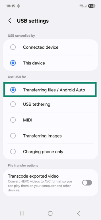 The "USB settings" page on an Android phone. The "Transferring files / Android Auto" option is highlighted and enabled.