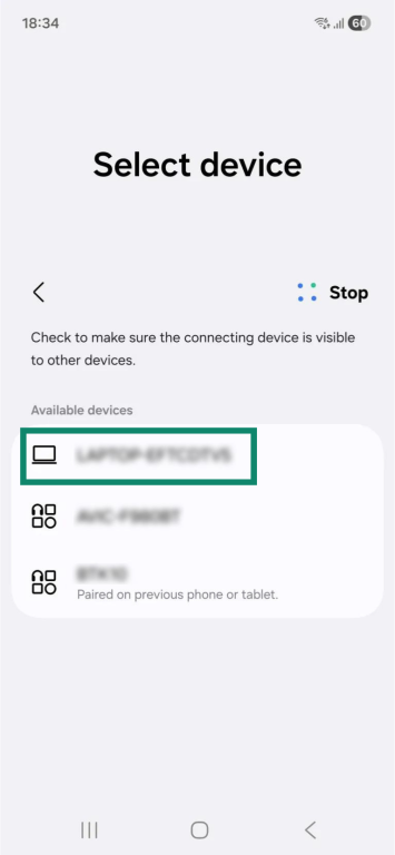 The "Select device" page on an Android, showing the available Bluetooth-enabled devices. A Windows laptop is highlighted.