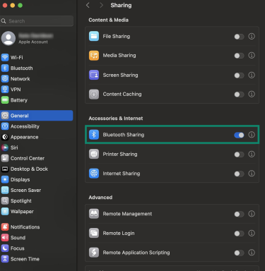 The "General" tab in the "System Settings" menu on a Mac. The "Bluetooth Sharing" option is highlighted and toggled on.