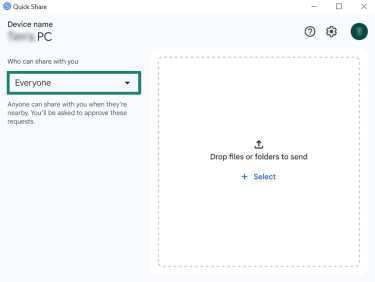 The Quick Share app on Windows 10. The "Everyone" option for the "Who can share with you" dropdown menu is highlighted.