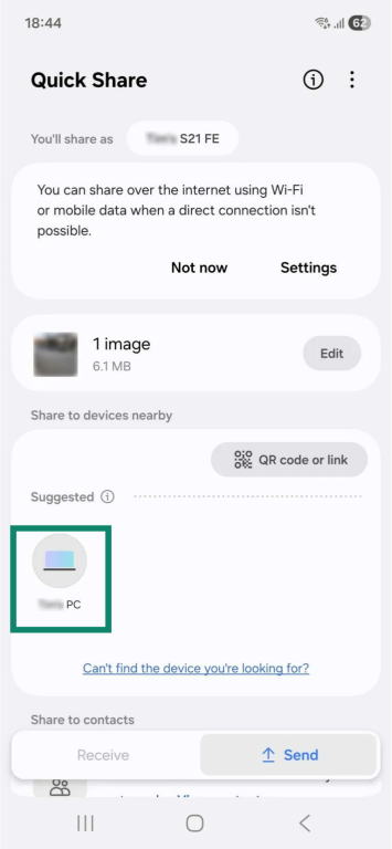 The "Quick Share" sharing options window on an Android phone. The user's PC, located under "Share to devices nearby" is highlighted.