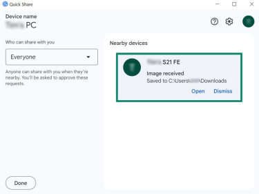 The Quick Share app on Windows 10. A file received from an Android phone is highlighted.