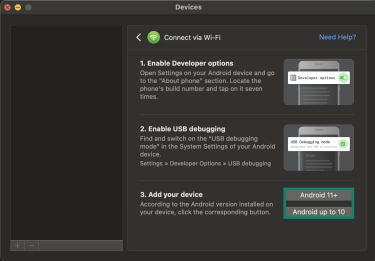 The "Connect via Wi-Fi" setup window on the MacDroid app on a Mac. The "Android 11+" and "Android up to 10" buttons are highlighted.