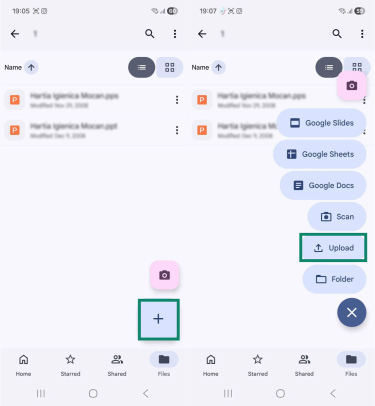 Two Android screenshots side by side. The first one shows a Google Drive folder, and the upload button is highlighted. The second image shows the file options, and the "Upload" button is highlighted.