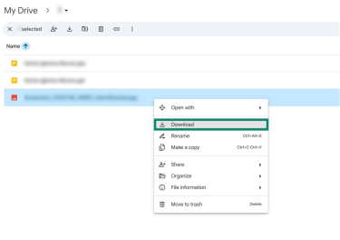 A Google Drive folder accessed on Windows 10. An image file is selected, and the "Download" option is highlighted.
