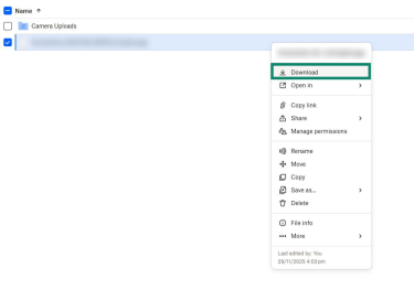 The main screen in a Dropbox account on a browser. An uploaded file is selected, and the "Download" option is highlighted.