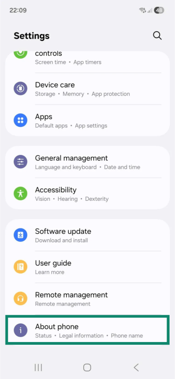 The "Settings" app on an Android phone. The "About phone" option is highlighted.