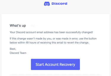 Discord's email to start the account recovery process after an email change.
