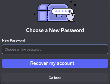 Discord's "Choose New Password" screen during the account recovery process.