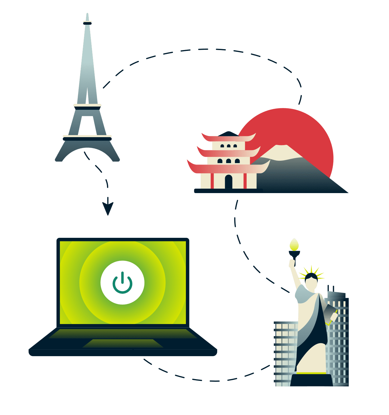 Eiffel Tower, Mount Fuji, Statue of Liberty, and a computer connected to VPN.