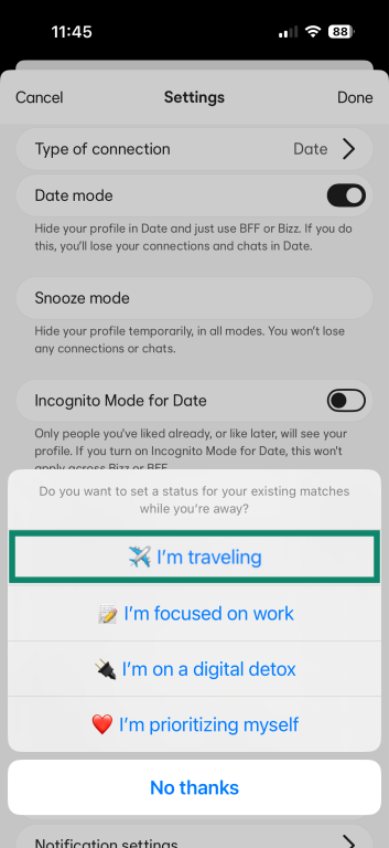 Bumble Snooze status menu showing preset status options, with I’m traveling highlighted.
