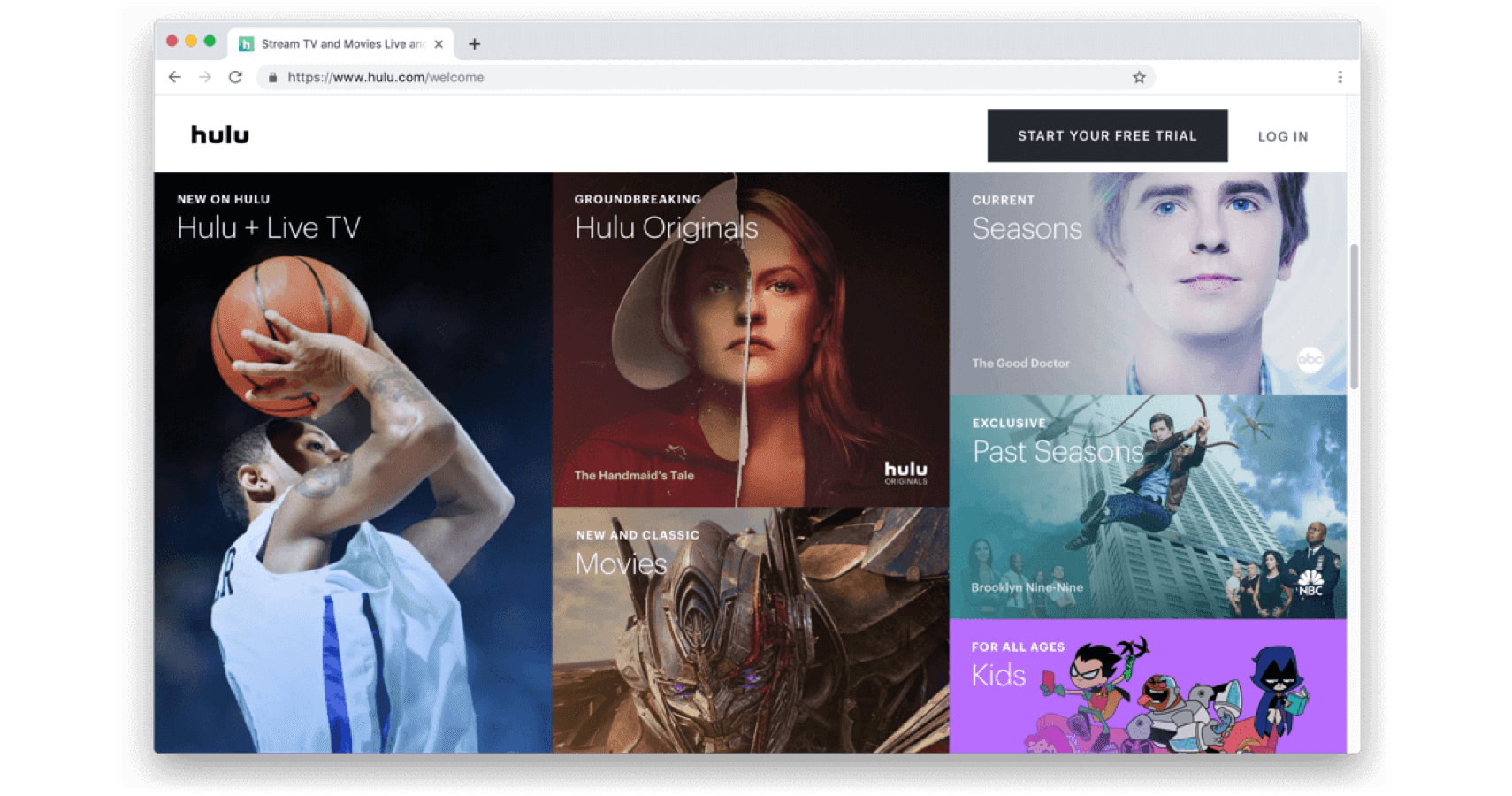 Hulus välkomstskärm med bilder på program.