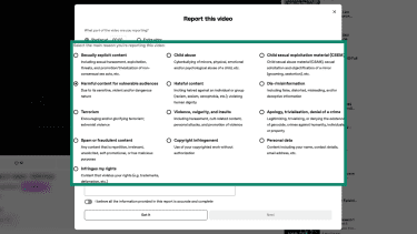 Choosing the primary reason for reporting a video on Dailymotion.
