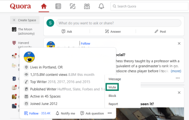 All the menu options are open in the Quora user profile, and Mute is highlighted.
