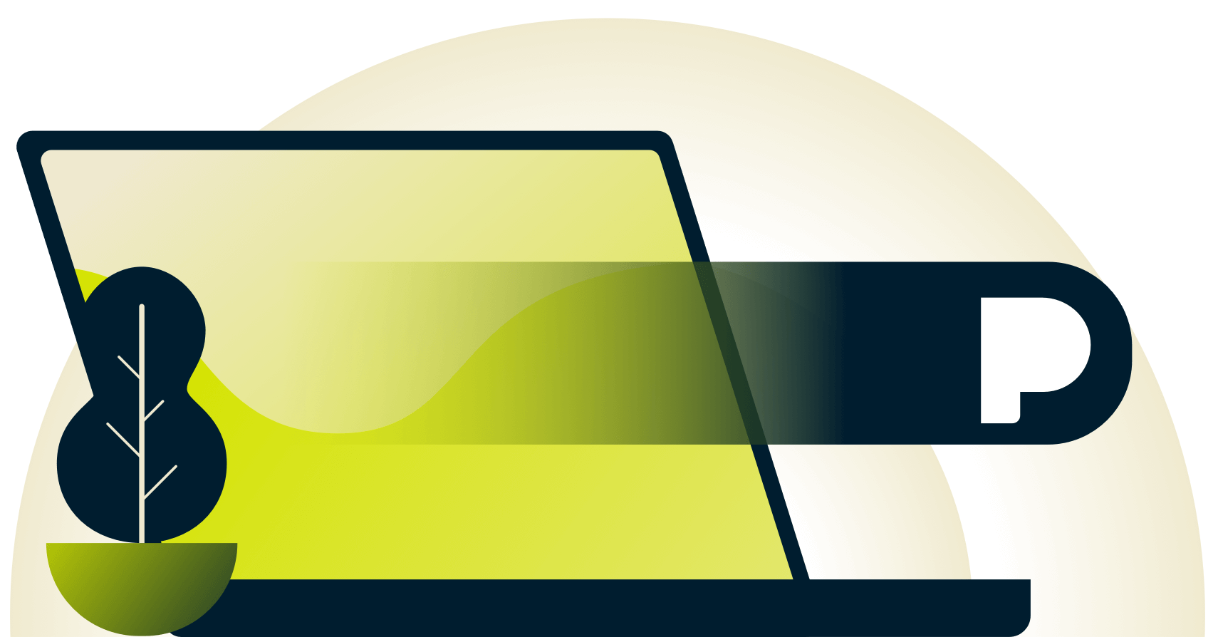 Bir dizüstü bilgisayarın yanından geçen ve üzerinde pandora simgesi bulunan hareket simgesi