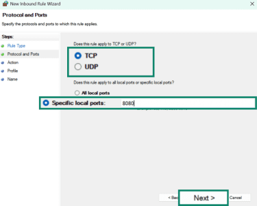 Windows New Inbound Rule Wizard with protocol and port selection options highlighted.