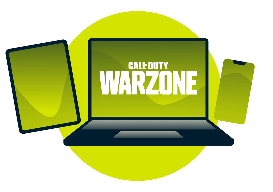 Variety of devices with the Call of Duty: Warzone logo.