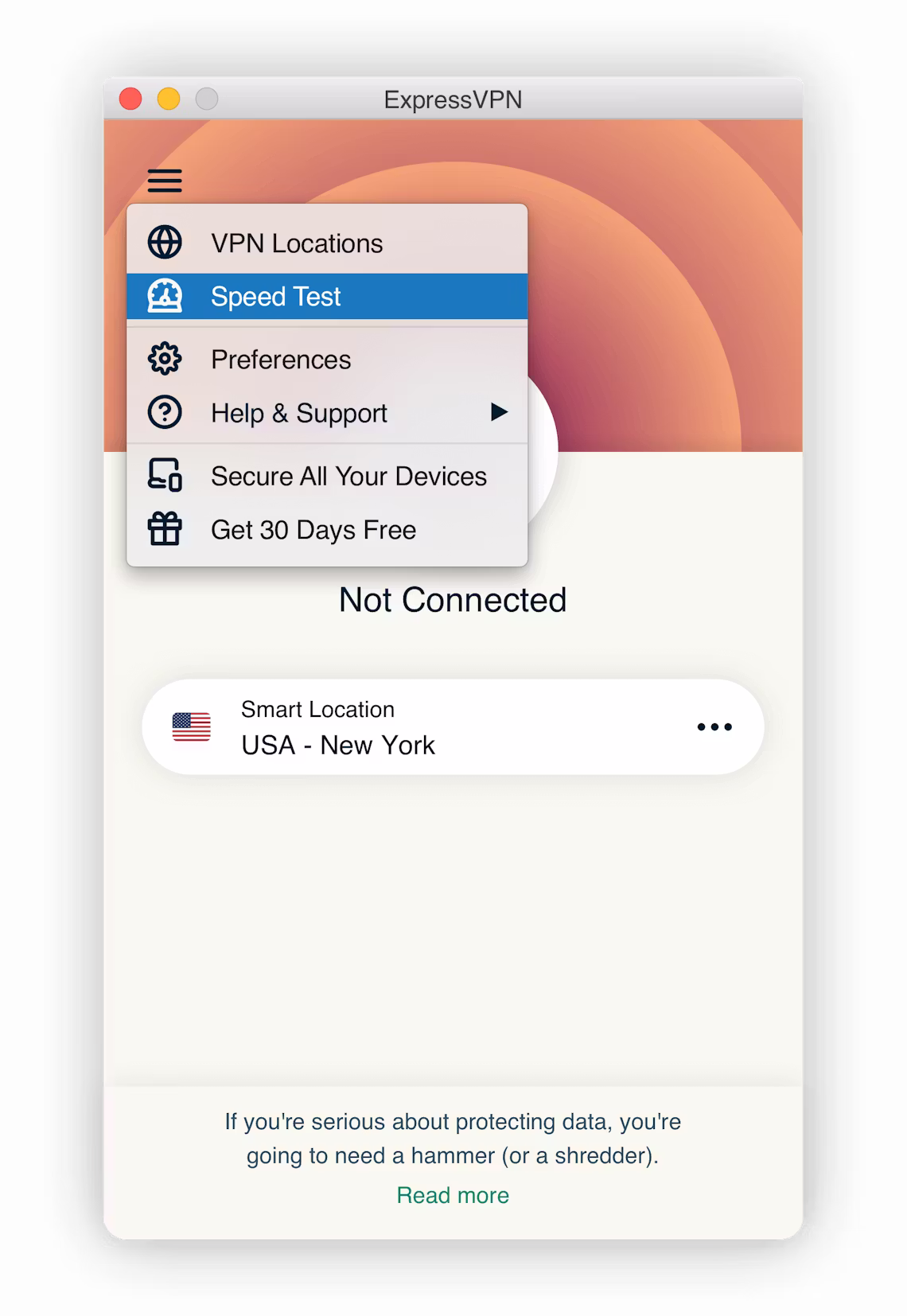 Selecting Speed Test on the ExpressVPN interface.